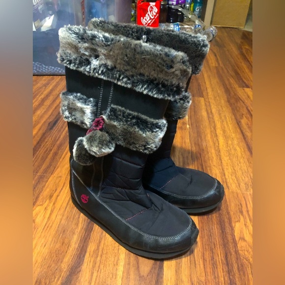 Timberland Shoes - TIMBERLAND Winter Berry Tall Fur Boot Black Leather Sz 6 Women